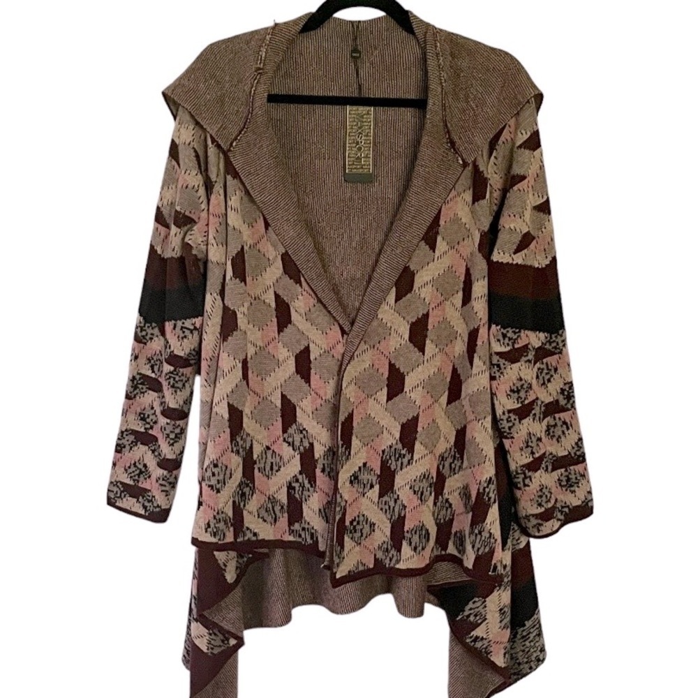 Max Sport GEOMETRIC PRINT VERTIGO DOLMAN SLEEVES OPEN FRONT Hooded CARDIGAN NWT